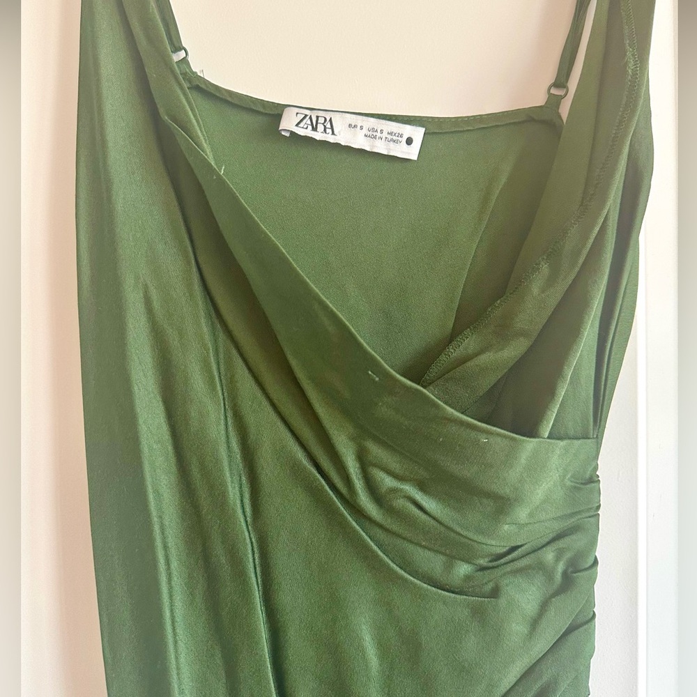 Zara Green Slip Dress with Cowl Neck and Spaghetti Straps